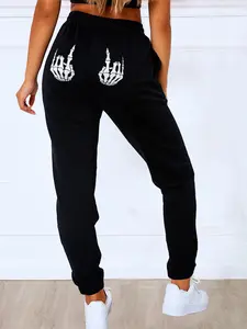 Women's Skeleton Hand Print Drawstring Waist Sweatpants, Casual Pocket Jogger Pants for Daily Wear, Ladies Bottoms for All Seasons