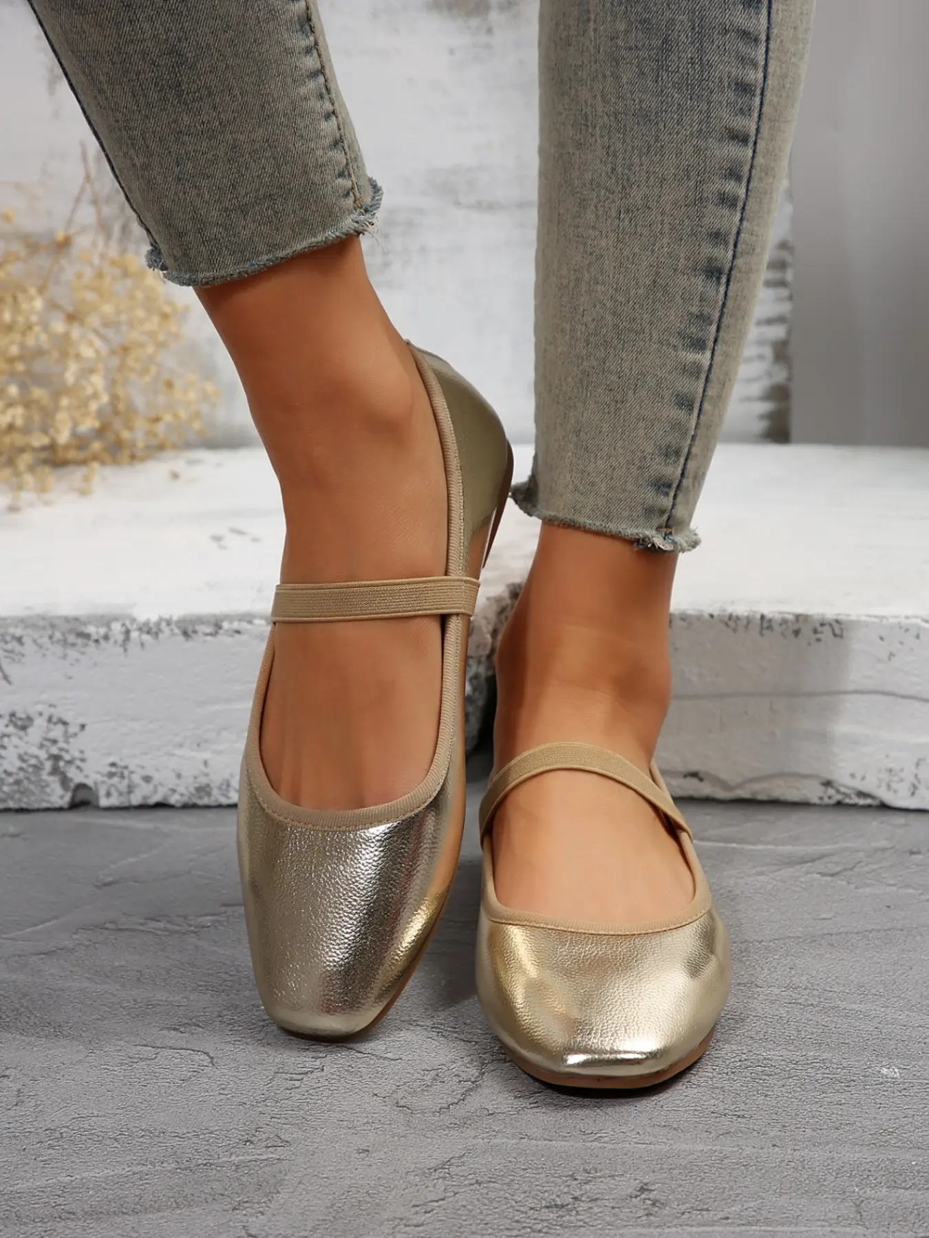 Women's Fashion Metal Color Mary Jane Flat Shoes, Square Toe Elastic Strap Ballet Style, Soft Sole Comfortable Commuter Slip-Ons, Square Toe Ballet Flats