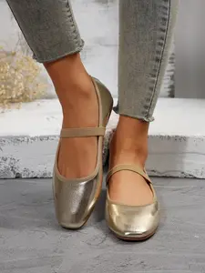 Women's Metal Color Mary Jane Flat Shoes, Square Toe Elastic Strap Ballet Style, Soft Rubber Sole Comfortable Commuter Lazy Shoes