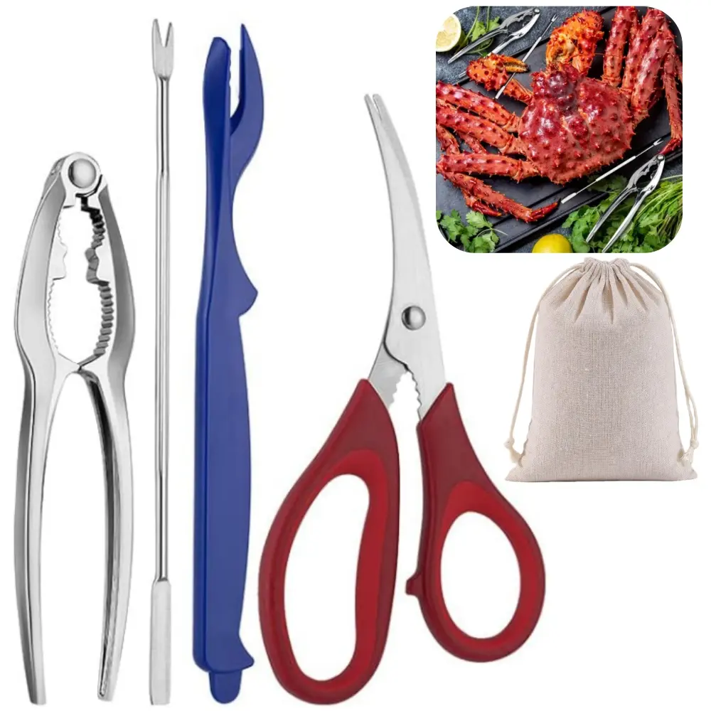 4 set Seafood Tools Set Stainless Steel Crab Crackers Crab Leg Fork Seafood Scissors And Storage Bag Seafood Cracker Tool Seafood Boil Party Supplies