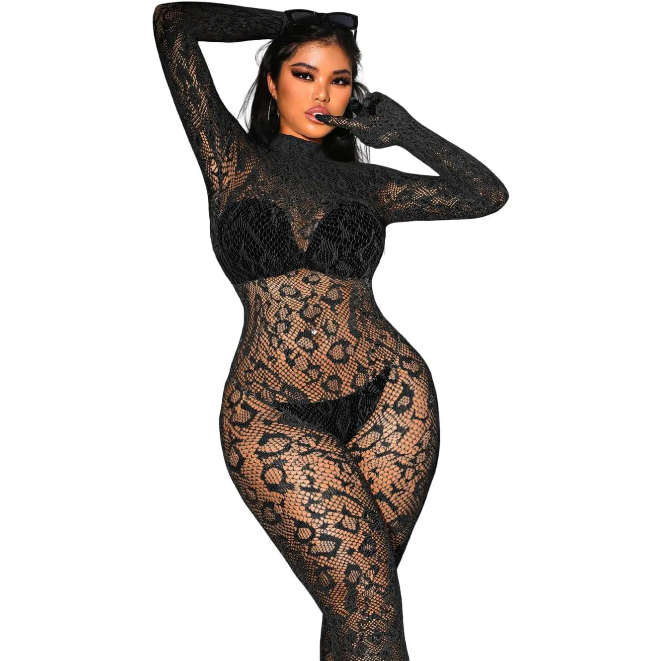 Sexy Lace Leopard Jumpsuit For Women, Fishnet Bodysuit Glow Party Club, Poster One Piece Mesh Full Body Rave Outfits