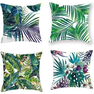 Set of 4 Home Decorative Tropical Style Cushion Covers, Tropical Theme Floral and Leaf Cushion Covers, Tropical Green Decorative Pillow Covers 45x45cm