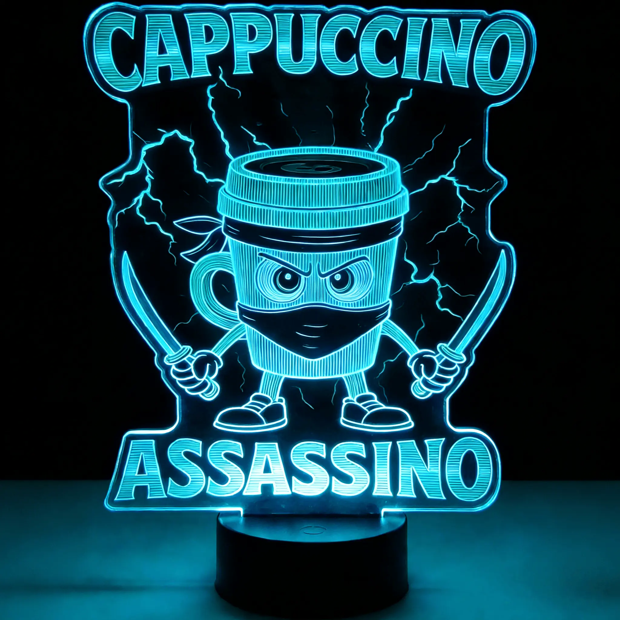 "Cappuccino Assassino" 3D Night Light for Kids Bedroom - Funny Ninja Coffee LED Lamp, Cool Gamer Room Decor