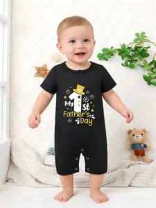 Newborn Baby Boys Girls Letter Print Short Sleeve Romper, Comfortable Fashion Infant Clothing, Suitable for Daily Wear, First Father's Day Gift