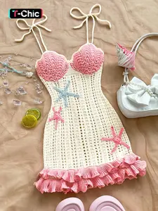 Women's Boho Style Cute Sleeveless Fine Strap Spaghetti Strap Lace-Up Colorblock Starfish Embroidered Ruffle Hem Hollow Out Vacation Casual Wear Bohemian Casual Dress Knit Dress Boho Summer Dresses