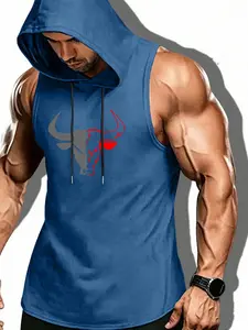 Men's Summer Sleeveless Hooded Drawstring Sport Vest, Bull Print Design, Fitted Style, Ideal for Fitness and Casual Wear