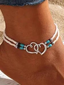Boho Style Beaded Anklet Necklace Set, Silver Color Heart Design Jewelry Gift for Women, Ideal Summer Accessory for Special Occasions