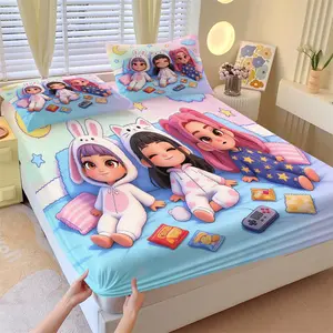 3-Piece K-pop Anime Pajama Party Fitted Sheet Set, 1 Fitted Sheet + 2 Pillowcases, Soft Breathable Fabric, Non-Slip Mattress Cover, Kawaii Bedding, Ideal for Kids Teens Bedroom Decor or Gift