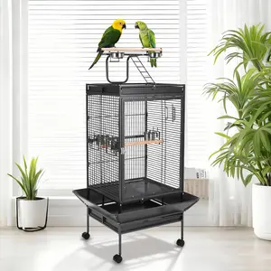 Large 58-Inch Wrought Iron Bird Cage for Parrots & Budgies – Victorian Design, Rolling Stand, Play Top, 4 Stainless Steel Bowls – Heavy-Duty Aviary