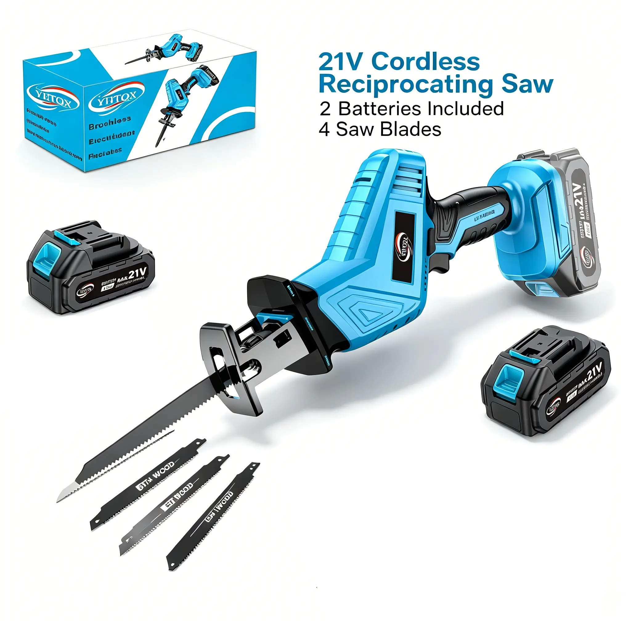 21V Cordless Reciprocating Saw Portable Brushless Electric Hand Saw with 2 Batteries, Multi-Purpose Tree Pruning Wood Metal Cutting Sabre Saw for DIY Home Garden beihong moto sierra