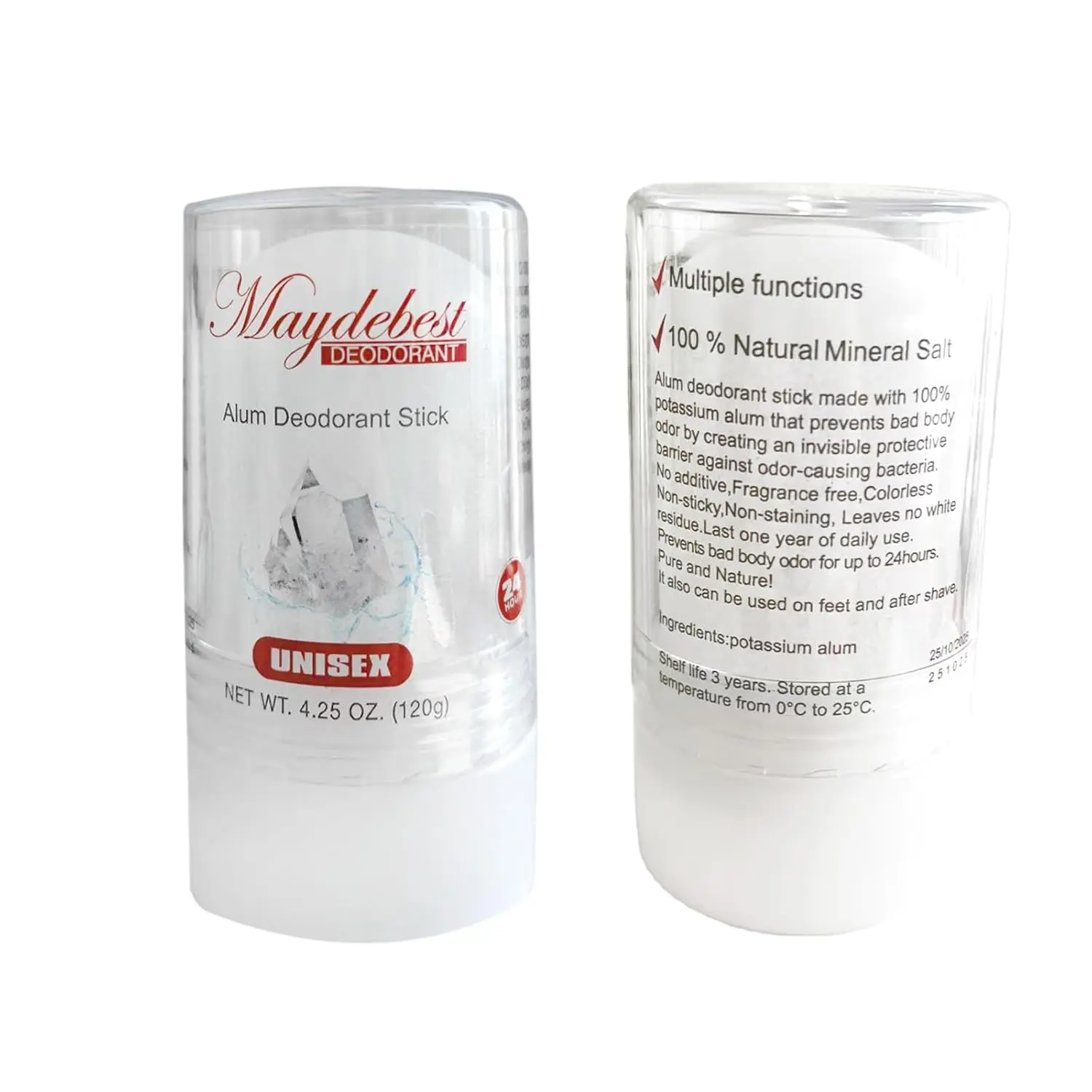 Natural Deodorant Stick, Crystal Deodorant Stick Aluminum-Free, Unscented Deodorant for Women & Men, 24-Hour Odor Protection, Non-Sticky, No White Marks, Sensitive Skin, 4.25 oz (2 Pack)