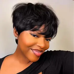 Short Pixie Cut Wigs Short Straight Brazilian Human Hair Wigs With Bangs Ready To Go Natural Black Burgundy Color Full Machine Made Wig dealsforyourdays