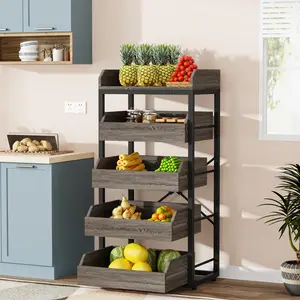 LITTLE TREE Wood Fruit and Vegetable Storage Rack, 5-Tier Pull-Out Snack Stand Fruit Basket Stand, Utility Shelf Organizer for Kitchen, Living Room, Bedroom