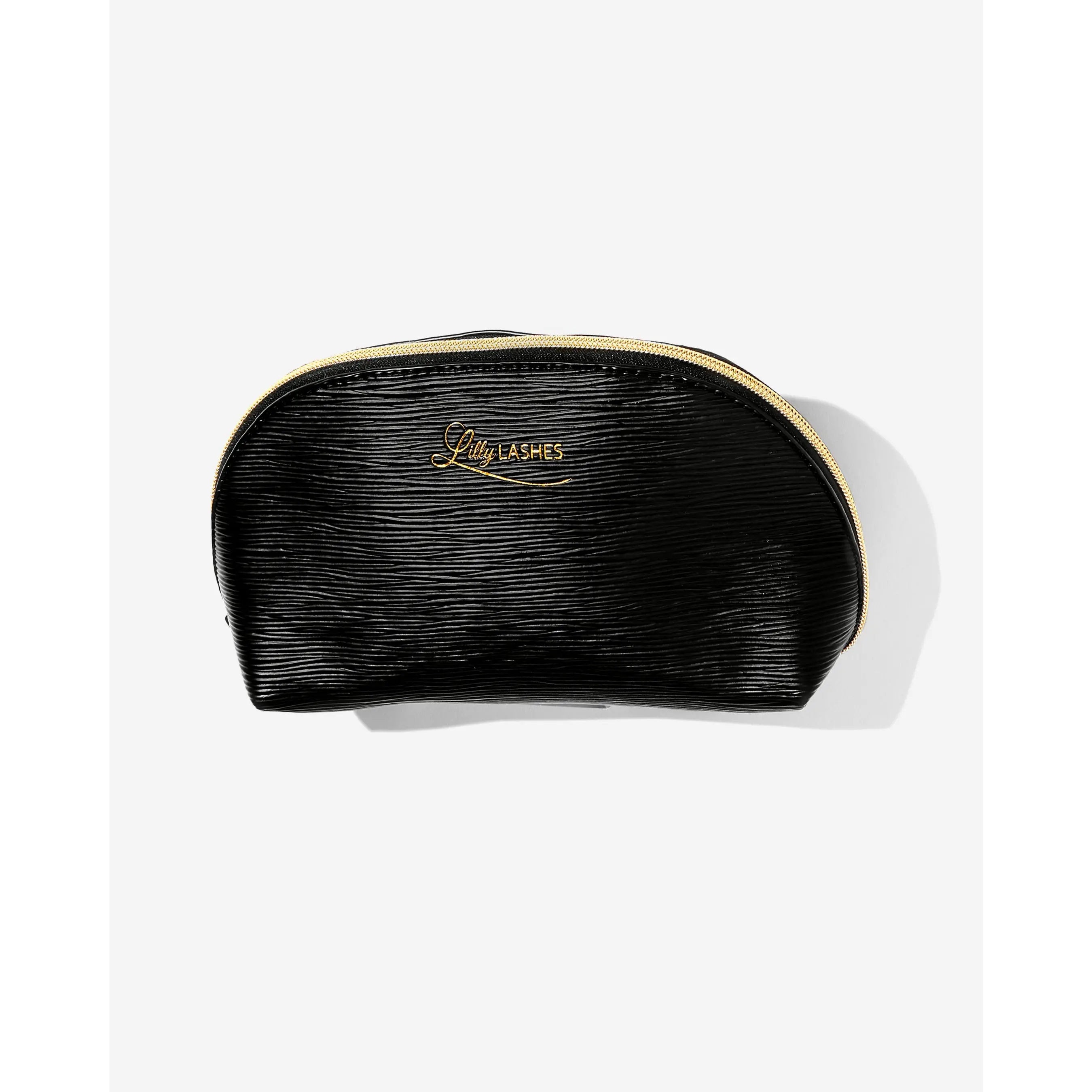 Lilly Lashes Cosmetic Bag Black Ribbed with Gold Hardware