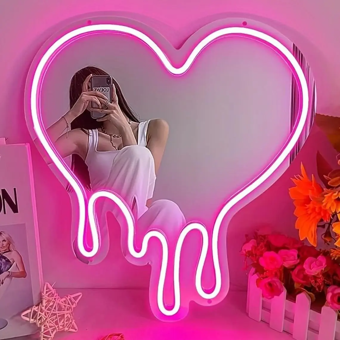1pc Pink Heart Neon Sign & Mirror - USB Powered LED Wall Decor for Bedroom, Girls Room & Dorm Essentials, Neon Lights, Decorative Atmosphere Light, Atmosphere Lighting, Heart Shape Light, Led Decoration