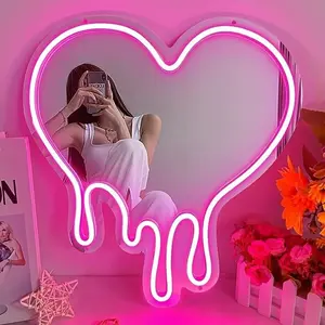 1pc Pink Heart Neon Sign & Mirror - USB Powered LED Wall Decor for Bedroom, Girls Room & Dorm Essentials, Neon Lights