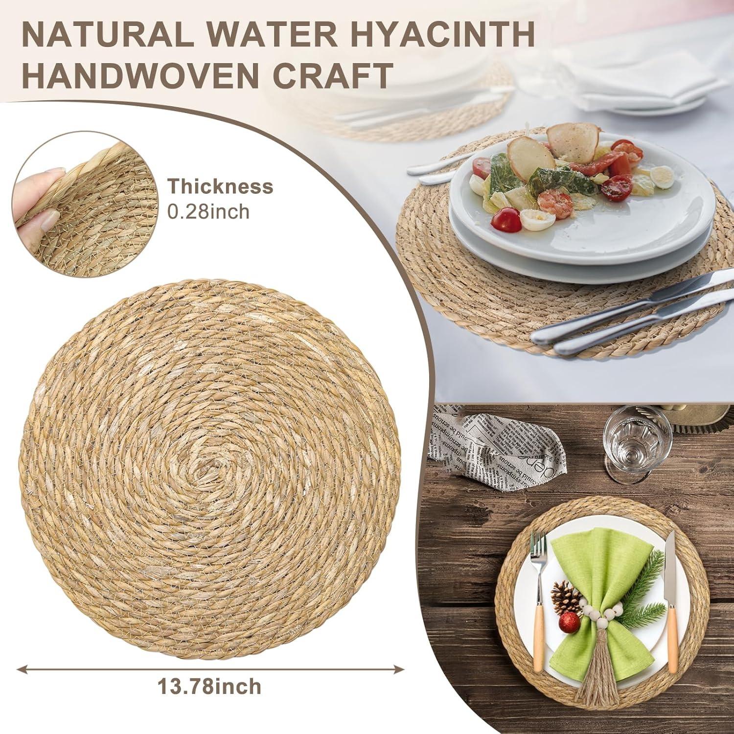 14Pcs Boho Handmade Woven Placemats Set, 13.8 Inch Round Natural Water Hyacinth Rattan Mats with Wooden Beads Napkin Rings, Heat & Slip Resistant Farmhouse Decor for Kitchen Dining Table, Halloween Christmas Thanksgiving Mother's Day Party Gifts