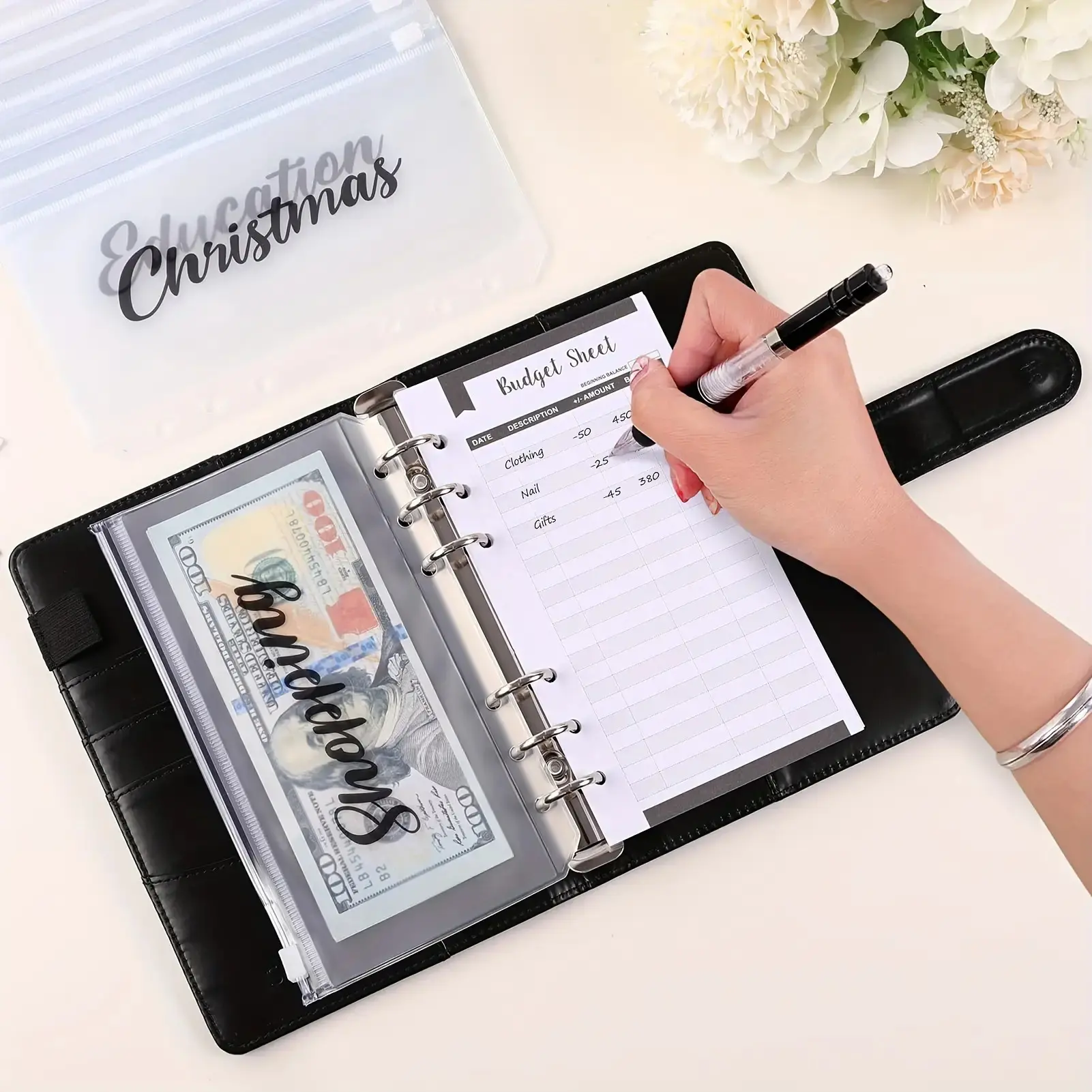SKYDUE Premium Budget Planner Binder - Black PU Leather with Golden Accents, Zippered Cash Envelopes, Expense Tracking Sheets, Office Money-Saving Organizer, Black Golden