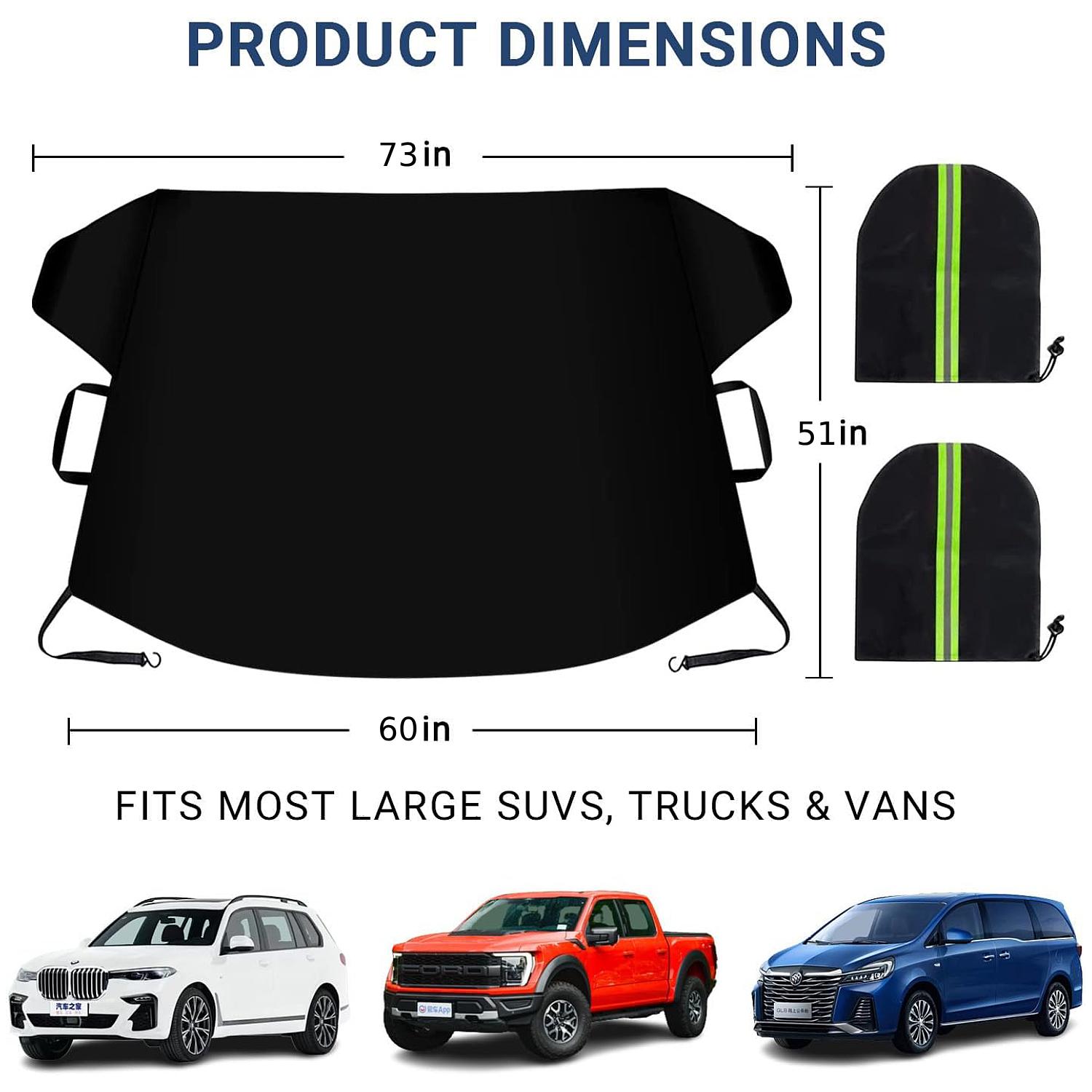 Windshield Cover for Sun Shade and Snow Car Windshield Snow Cover Thicken Frost Cover Waterproof with Side Mirror Covers for Most SUVs Trucks 73"x 51" 600D Oxford Fabric