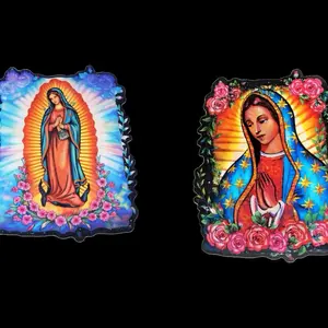 Hologram Virgen or San Judas Stickers with Vibrant Floral Accents and Radiant Halo Design for Religious Decor