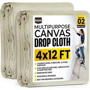 Drop Cloth for Painting (4x12 ft, 2 Pack) Washable and Reusable Canvas Fabric for Furniture & Floor Protection Highly Absorbent Paint Cover - Duck Dropcloth for Outdoor and Indoor Use