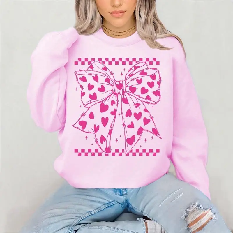 Checkered bow with hearts Sweatshirt Gildan Everyday Style Super Soft Unisex Fit Streetwear Graphic Top warm Gift for her Womenswear Casual Printed Long Sleeve valentines