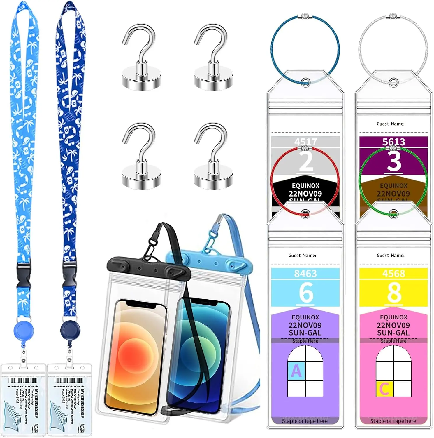 12 Pcs Royal Caribbean Cruise Essentials Kit Include Retractable Cruise Lanyards for Ship Card, Luggage Tags Holder, Waterproof Phone Pouch, Magnetic Hook for Royal Caribbean & Celebrity Cruise Lines