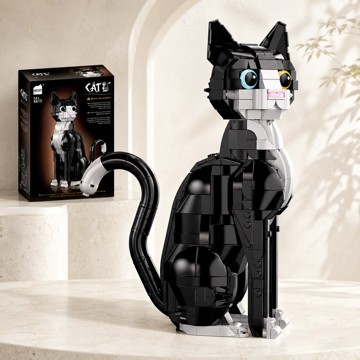 725-Piece Black and White Cat Building Block Set, Cute Animal DIY Construction Model with Long Curved Tail, Home-Office Desk Decor Gift for Cat Lovers, Adults & Teens (Birthday/Christmas) halloween birthday gift brick gothic
