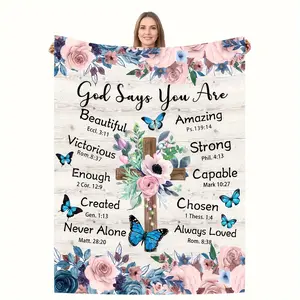 1pc Inspirational Floral Cross Print Blanket - Soft Flannel, All-Season Comfort, Machine Washable, Ideal for Travel, Sofa, Bed, Office Decor, Perfect Birthday Gift, Travel Comfort Item|Decorative Blanket|Polyester Fabric