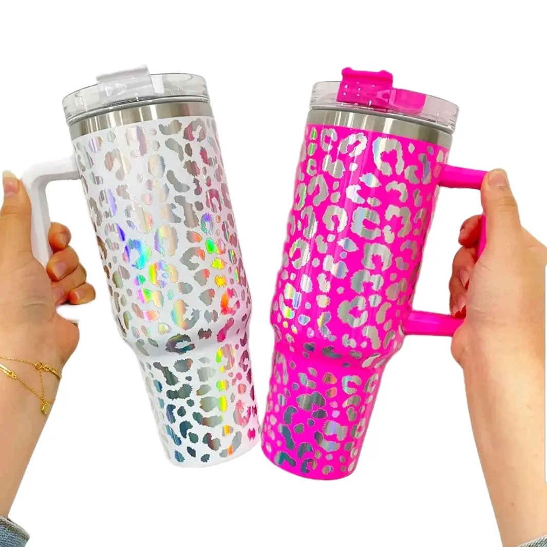 Colorful 40oz Holographic Shiny Leopard Mug with Handle & Straw - Vacuum Insulated Stainless Steel Drinkware - Flasks