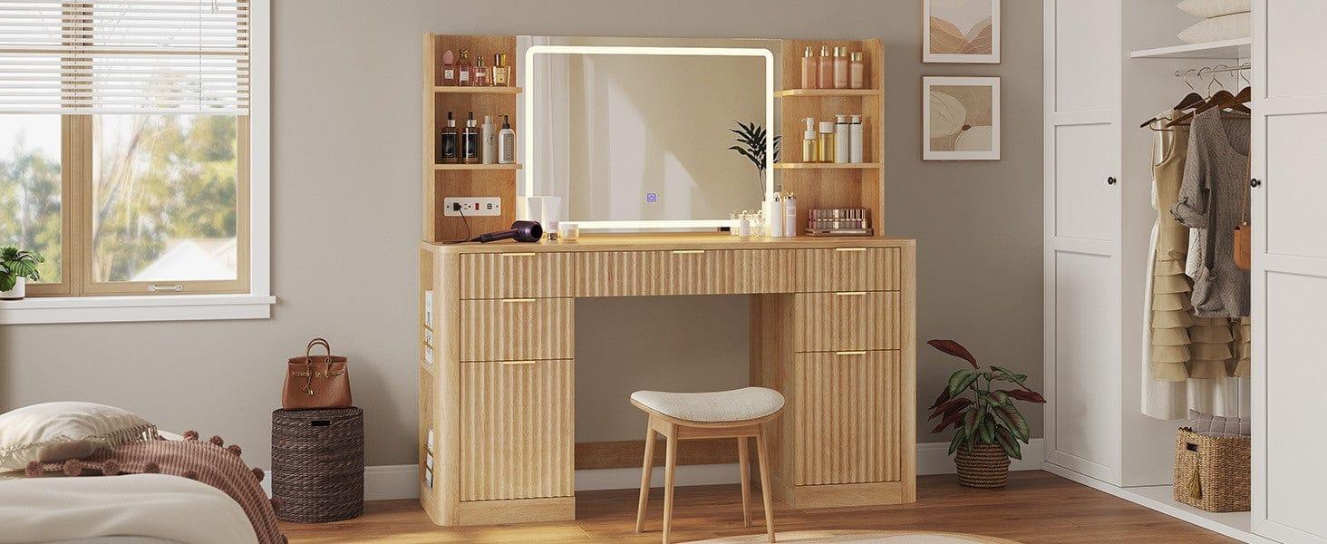 Sikaic 51.2" Fluted Makeup Vanity Desk with 30.3" Lighted Mirror, 5 Drawers, 6 Open Shelves & 2 Cabinets, Power Strip Included, Modern Oak Dressing Table with Solid Wood Legs for Bedroom