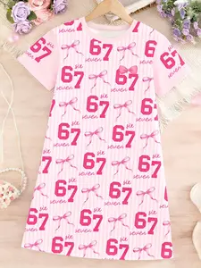 Striped 'six Seven 67' Theme Girl's T-Shirt Dress, Casual Summer Fall, Comfortable Short Sleeve, Preppy Style