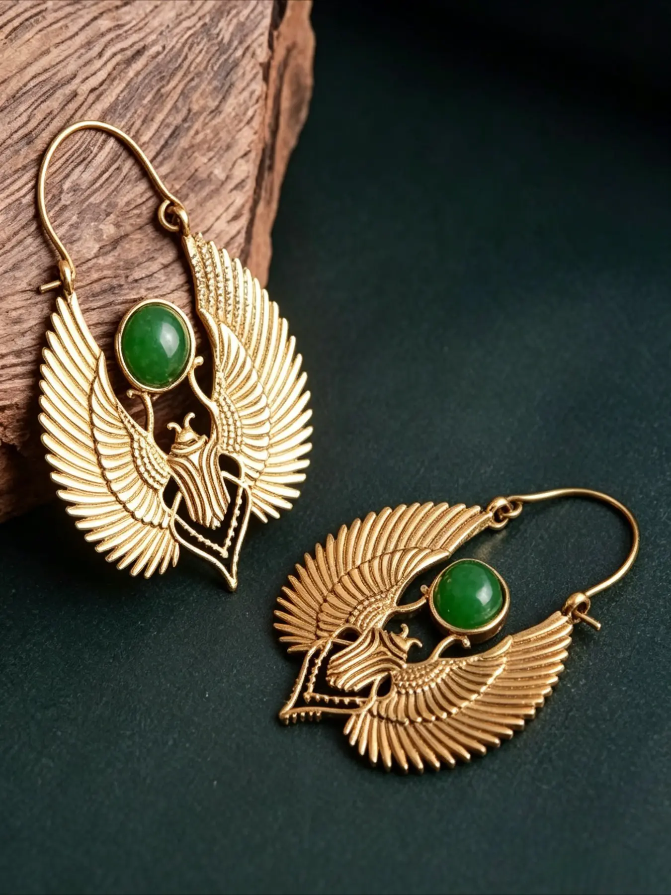 Vintage Egyptian Style Saint Wing Beetle Design Earrings, Fake Jade Inlaid Ring Shape Earrings, Women's Festival Party Gift