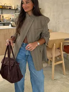 Women's Spring Summer New Plaid Asymmetrical Casual Blazer, High-End Elegant Vintage Design, Fashionable Outerwear for Ladies