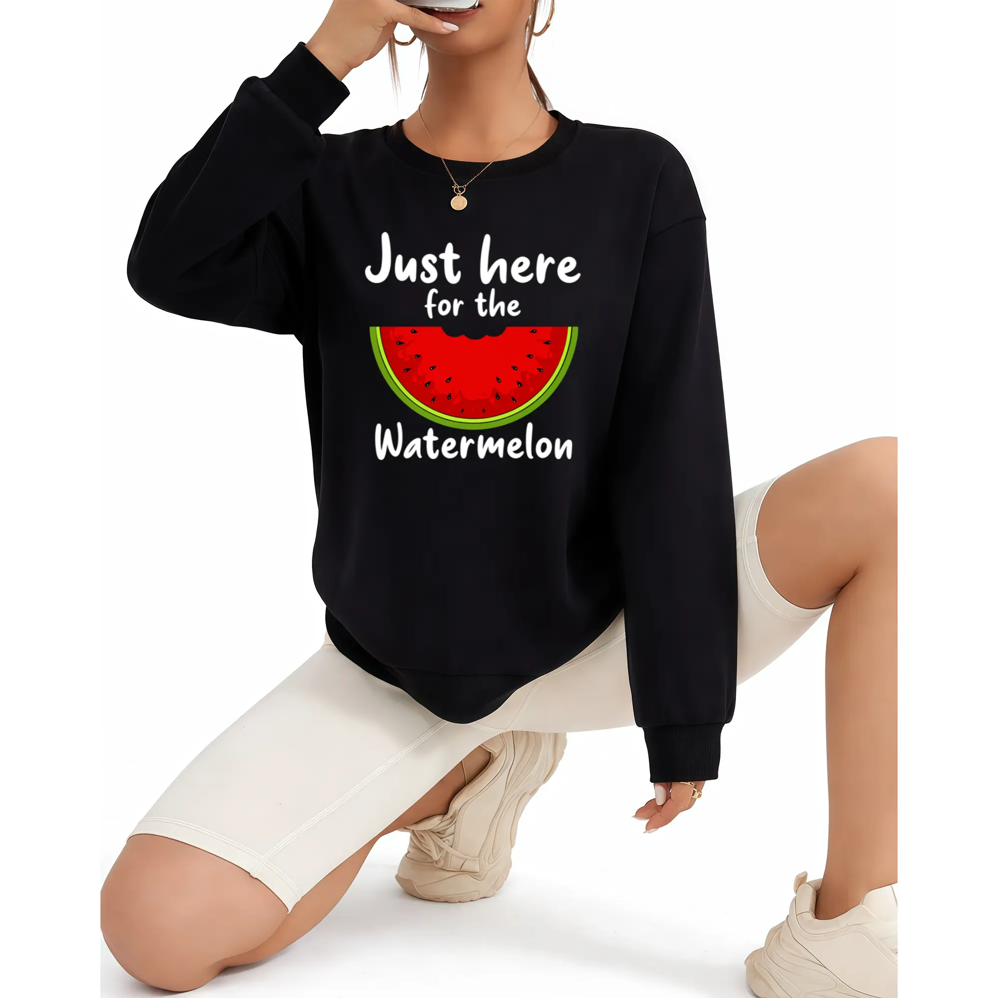 Women's Long Sleeve Casual Sweatshirt with Playful 'Just Here for the Watermelon' Print – Comfortable Crew Neck Top, Perfect for Spring & Summer Beach Days
