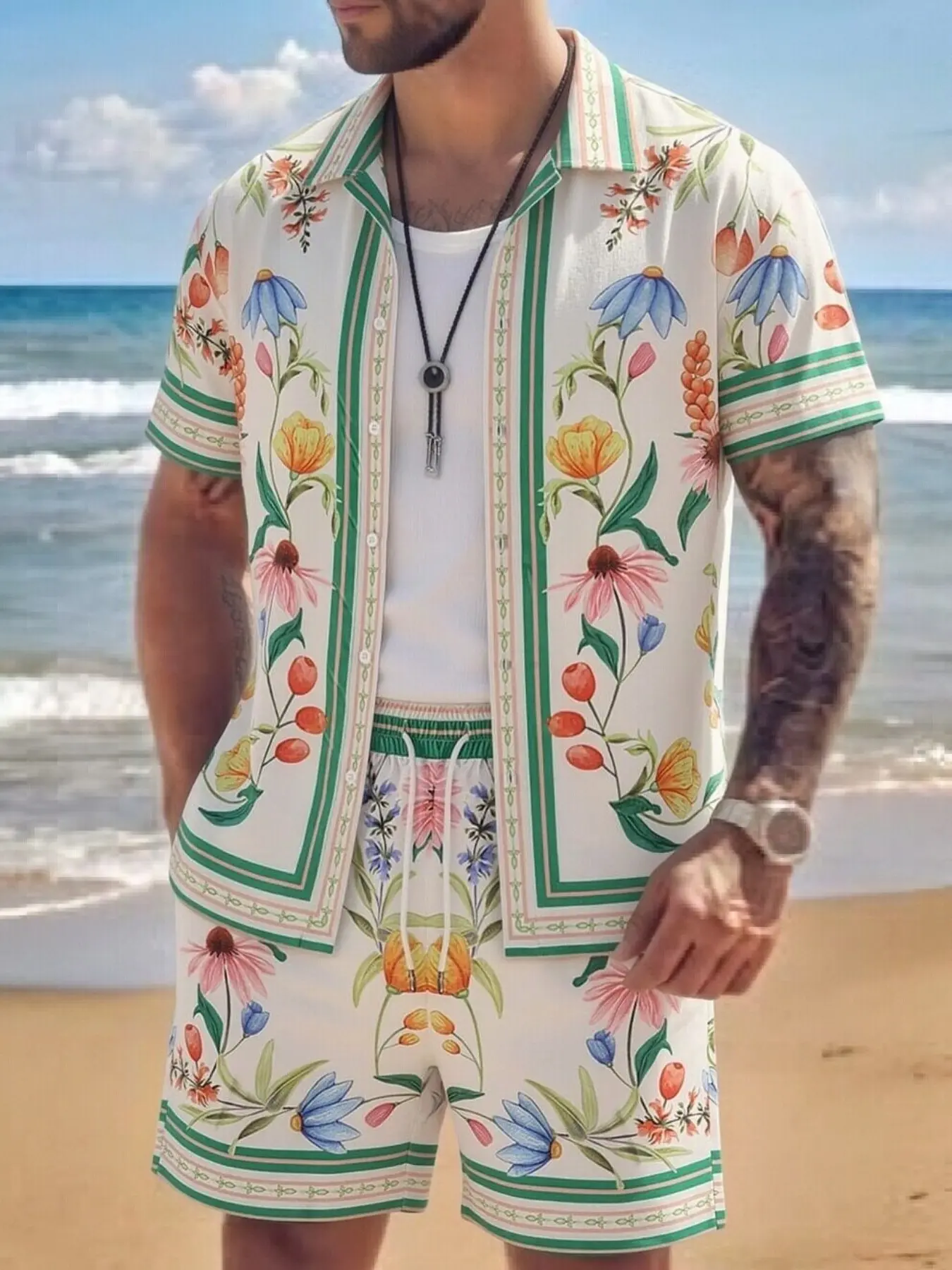 Men's Summer Beach Casual Short Sleeve Button Shirt Set, Fashion Tropical Floral Plant Print Clothing, Perfect for Outdoor Fun and Parties