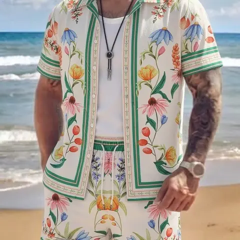 Men's Summer Beach Casual Short Sleeve Button Shirt Set, Matching Sets, Fashion Tropical Plant Print Clothing, Perfect for Outdoor Fun and Parties