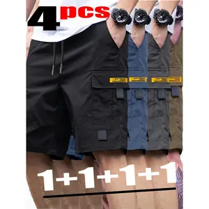 Men's casual breathable shorts, 4-piece workwear shorts set with multiple pockets, regular style casual summer outdoor hiking construction work pants, men's shorts