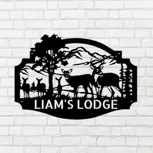 Outdoor Monogram Sign: Deer Family in the Mountains - Personalized Metal Sign - Year Long Wildlife Outdoor Monogram Decor
