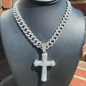 Iced Out 24” Necklace Chain Cross Hip Hop Religious Pendant Men silver rhinestones