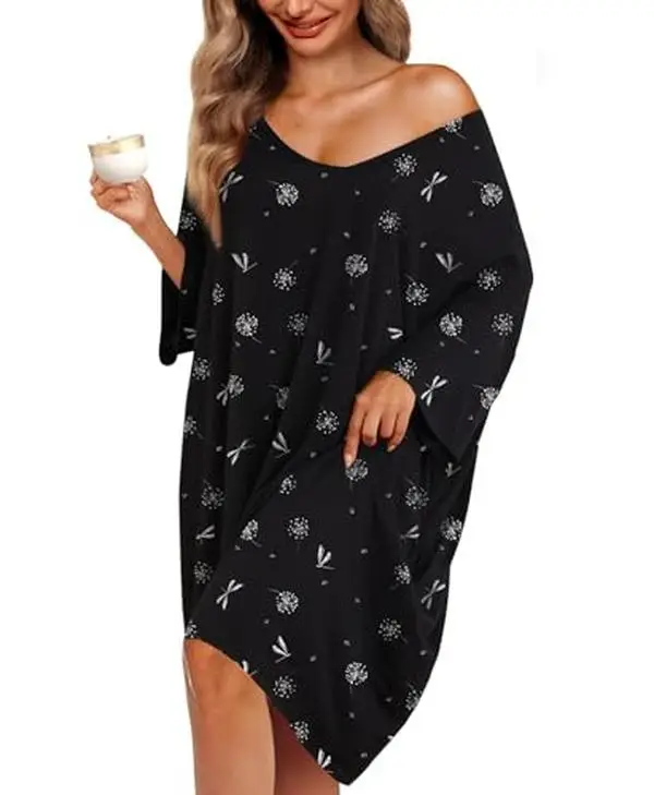 KFUBUO Plus Size Nightgown for Women V-Neck Sleep Dress Pjs Lounge Short Sleeves Sleepwear With Pocket Fit S-5XL Pajamas Elastic Loungewear Breathabl