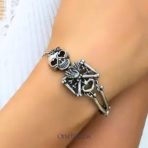 Halloween Gothic Skull Bracelet – Punk Skeleton Cuff Bangle, Biker Gothic Jewelry, Gift for Her, Halloween Parties Cosplay Fashionable Stainless Steel Wrist Trendy Jewellery Accessories