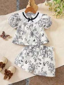 Baby Girl Vintage Floral Set, Summer Cute Ruffle Collar Bubble Sleeve Top and Elastic Waist Shorts, Infant Two-Piece Outfit
