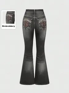 High waist American retro grunge punk Fit denim pants with letter embroidery, vintage faded black-grey flare design, ideal for campus daily wear
