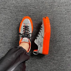 Unisex China-Chic Pattern Athletic Sneakers, Large Grey-Orange Contrast Wide-Head Thick-Bottom Rubber Footwear, Street-Style Casual Trainers