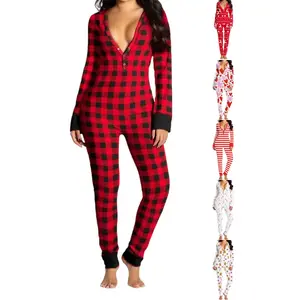 Women’s Long-Sleeve V-Neck Button-Front Christmas Onesie/Romper Pajama Sexy Xmas Holiday Jumpsuit