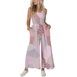 Chouyatou Women Sleeveless Color Block Floral Wide Leg Jumpsuit Smocked Waist Romper Pants