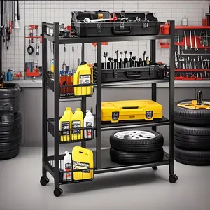 Movable Adjustable 4-Storey Metal Shelf Rack - Wire Basket Organizer for Kitchen Pantry Garage Bathroom Closet - Durable Heavy Duty Storage Unit for Home & Office Steel Mount Carbon Steel Cubby Shelf