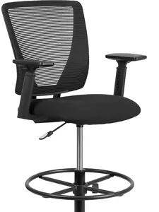 Harper Ergonomic Mid-Back Mesh Drafting Chair with Black Fabric Seat, Adjustable Foot Ring and Adjustable Arms