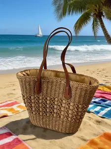 Women's Fashionable Minimalist Casual Vintage Solid-Color Straw Tote Bag for Daily Commuting, Spacious Capacity for Beach Vacations, Versatile Shoulder Bag Essential for Outings and Travel